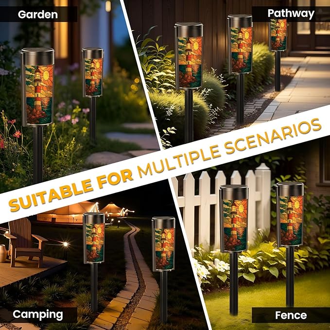 4 Pack Solar Pathway Lights Outdoor Waterproof Coastal Lighthouse Stained Glass Hanging Ornament Solar Garden Lights LED Landscape Lighting for Yard Walkway Lawn Garden Decor
