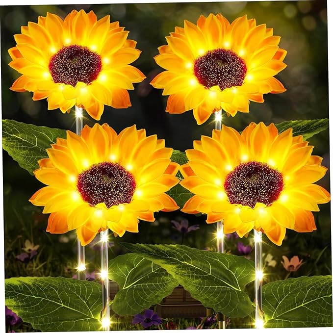 4 Packs Sunflower Solar Lights Outdoor Lifelike Solar Sunflowers IP44 Waterproof Garden Lights Auto On/Off Stake for Yard Pathway Garden Sunflower Decor