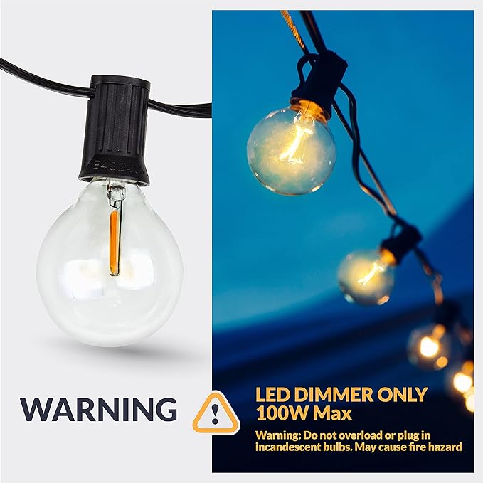 Newhouse Lighting LED G40 String Lights with Weatherproof Technology, 100W Dimmer with Wireless Remote Control, 50ft and 52 (50+2 Free) LED Light Bulbs Included, Warm White (PSTRINGLEDDIM)