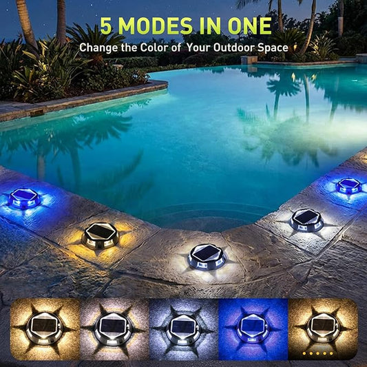 AGPTEK 5 in 1 Solar Driveway Lights Outdoor with Ground Spikes, IP67 Waterproof Solar Lights with 5 Modes (Blue/White/Warm/Mixed/Flashing) for Deck, Stairs, Pathway, Garden, Patio (Hexagon, 4 Pack)