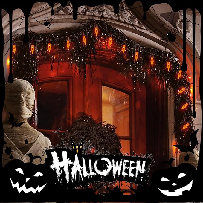 C18 Flickering Flame String Lights, 10Ft Halloween Decorations String Lights with 10 Flickering Flame Bulbs for Outdoor Garden Yard Home Halloween Party, Clear Orange- Black Wire