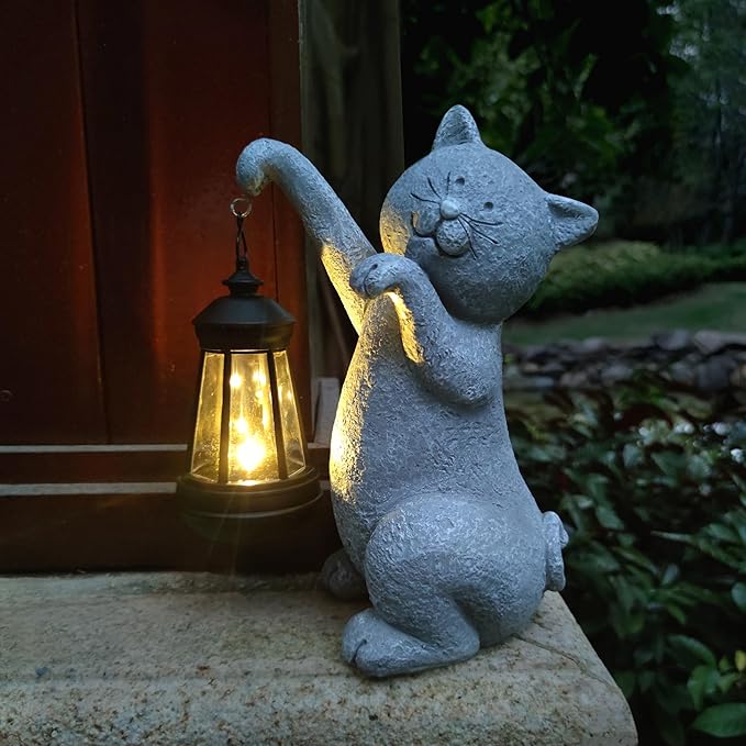 Cat Solar Garden Statues,Resin Cat Figurine Decorations with Solar Lights Lantern, Outdoor Figurines Lawn Cats | Lumora