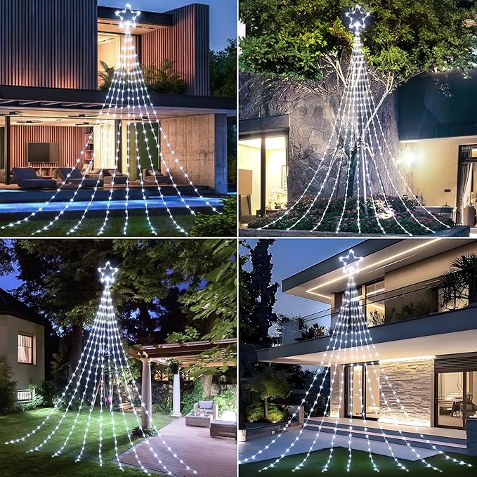 Christmas Decorations Star String Lights - 660 LED 24ft 9 Strands Waterfall Tree Lights with Topper Star, 8 Lighting Modes Indoor Outdoor Decorative Lights for Wedding Yard Party Home, Pure White