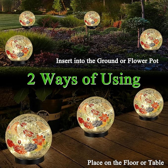 Solar Globe Lights Outdoor Waterproof, Cracked Glass Ball Orb Lights, Waterproof Globes for Garden Pathways, Patio Decor & Backyard Landscaping, Round Ornaments Orbs (Red Flower)