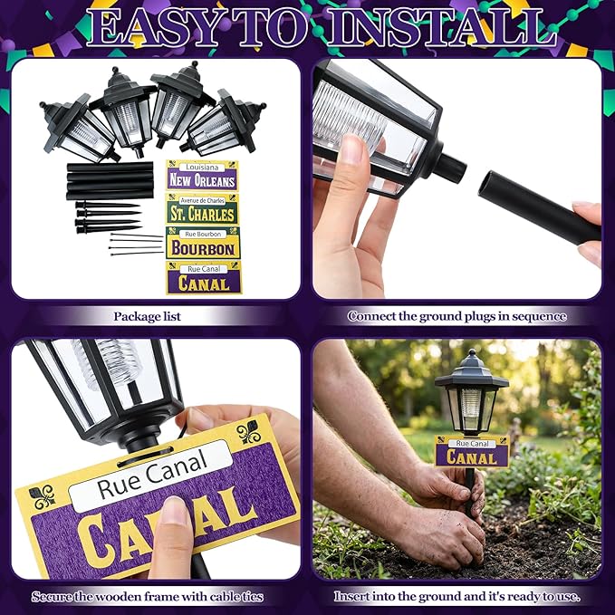 VIHOSE 4 Pcs Solar Mardi Gras Pathway Light Outdoor New Orleans Street Sign Waterproof Purple Solar Stake Light Mardi Gras Lamp Yard Sign for Garden Outside Porch Supplies New Orleans Decorations