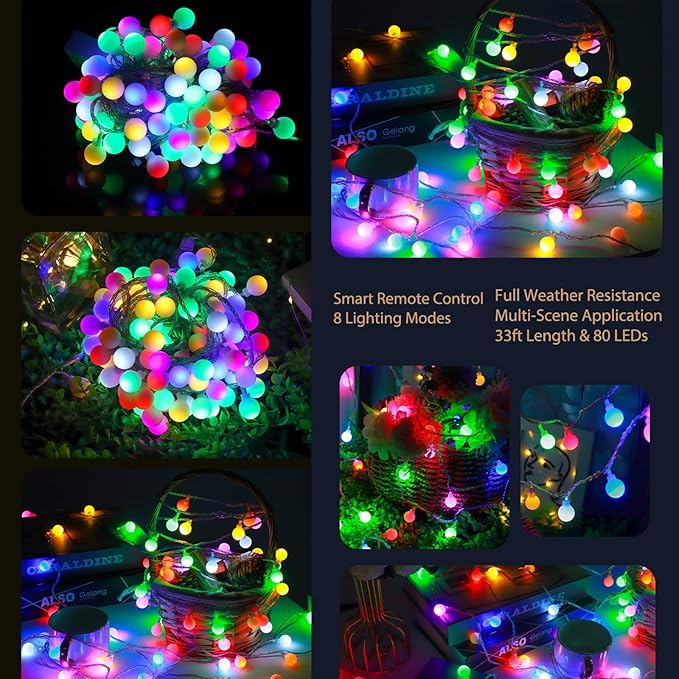 Festival Lights, Battery Powered Fairy Lights 33ft 80LED, Outdoor Waterproof String Lights with Remote, 8 Modes for Indoor, Garden, Patio, Camping, Xmas Decor (Warm Little Beads Colored A)