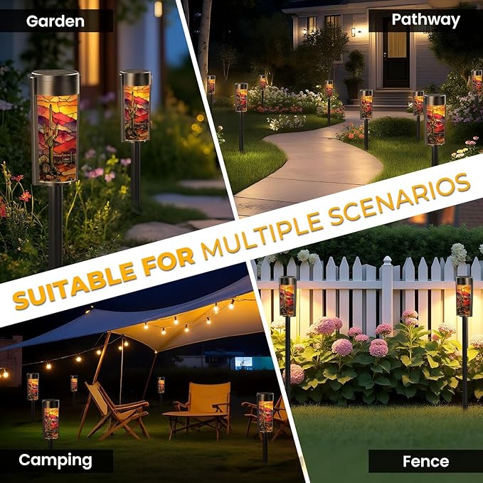 8 Pack Solar Pathway Lights Outdoor Waterproof Southwest Cactus Stained Glass Window Western Motifs Sunset Solar Garden Lights LED Landscape Lighting for Yard Walkway Lawn Garden Decor