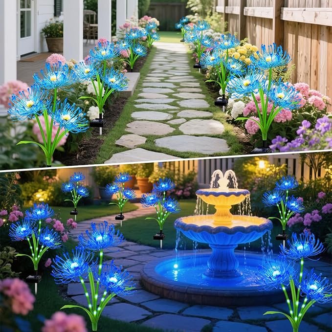 Solar Garden Flower Lights Outdoor, 4 Pack Blue Spider Lily Solar Lights with Glowing Stems, IP65 Waterproof LED Yard Decor for Patio Lawn Pathway, Mother's Day Valentine Gifts for Women Mom Grandma