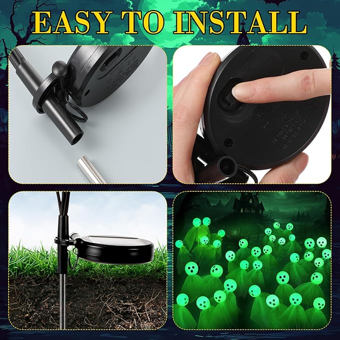 VIHOSE 2 Packs Halloween Solar Lights Outdoor 12 LED Solar Ghost Pathway Lights Waterproof Spooky Ghost Path Light Outdoor Halloween Decorations for Outside Garden Lawn Yard Decors (Green)