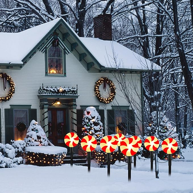 Christmas Lollipop Pathway Lights, 2 Sets 7Ft Christmas Pathway Lights Outdoor with 8 Candy Cane Markers Stake Lights, Candy Cane Landscape Path Lights for Outdoor Lawn, Garden, Yard, Sidewalk