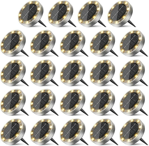 24 Pack Solar Ground Lights Outdoor, 8 LED Mini Flat Solar Disk Lights, IP65 Waterproof Anti-Rust Disc Light | Lumora