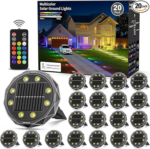 Solar Ground Lights with Remote Control 50ft,IP67 Waterproof Solar Garden 15 Multi Color Lights,RGBYW Solar Powered | Lumora