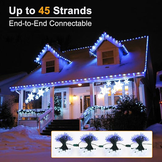 Brizled Blue & White 33ft 50 LED Faceted Outdoor Xmas Lights, Connectable, UL Certified Waterproof for Christmas Tree House Roof Party Decor