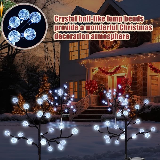4 Pcs Outdoor Christmas Pathway Lights Decor Solar Christmas Stake Light Waterproof Outside Crystal LED Globe for Path Patio Garden Party Decor(White)