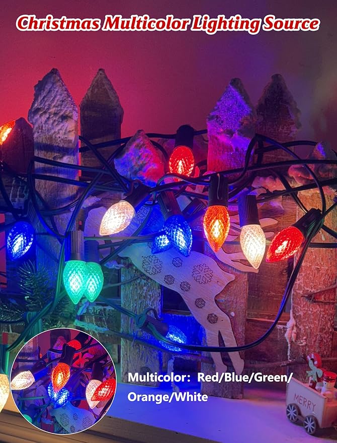 SUNSGNE 25FT Outdoor Christmas String Lights with 25 C7 LED Diamond Shatterproof Colored Bulbs, Multicolor Christmas Lights for Patio Yard Porch Balcony Gazebo Party Decorations, Green Wire