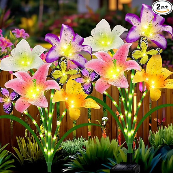 Solar Garden Lights 2 Pack 8 Lily Flowers with Butterfly Decor,Gifts for Mom Woman Birthday Solar Flower Lights for | Lumora