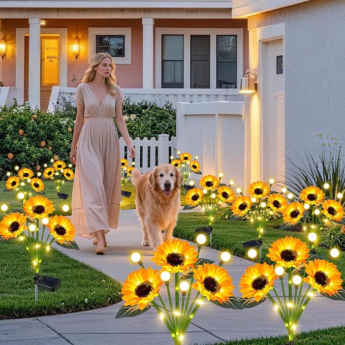 4 Pack Solar Sunflower Lights Outdoor Garden Decor, Upgraded with Firefly Lights, Waterproof Solar Flower Stake for Outside Yard Lawn Backyard, Gardening Gifts for Women Mom Grandma