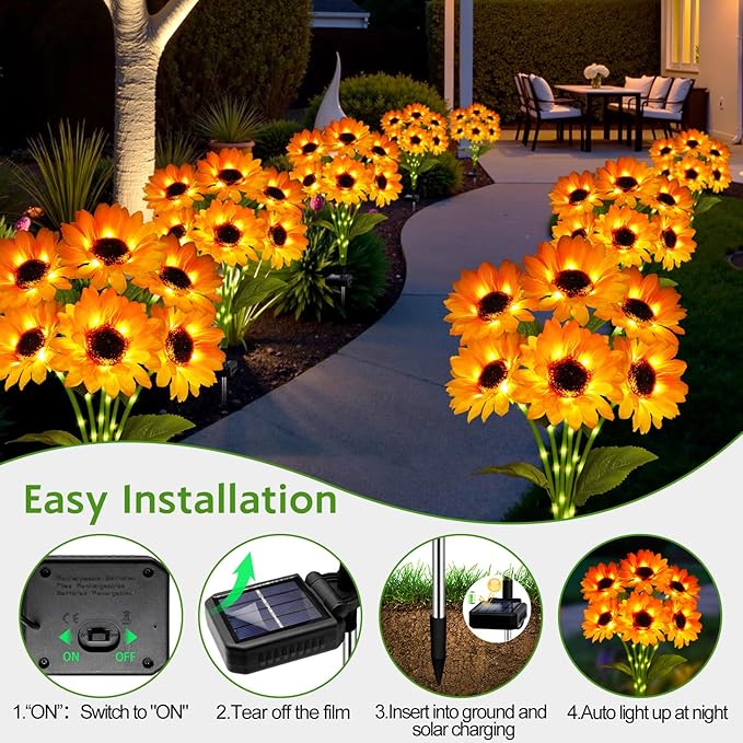 Solar Sunflower Lights Outdoor Garden Decor, 6 Pack Solar Flowers Lights with 36 Sunflowers, Waterproof Decorative | Lumora