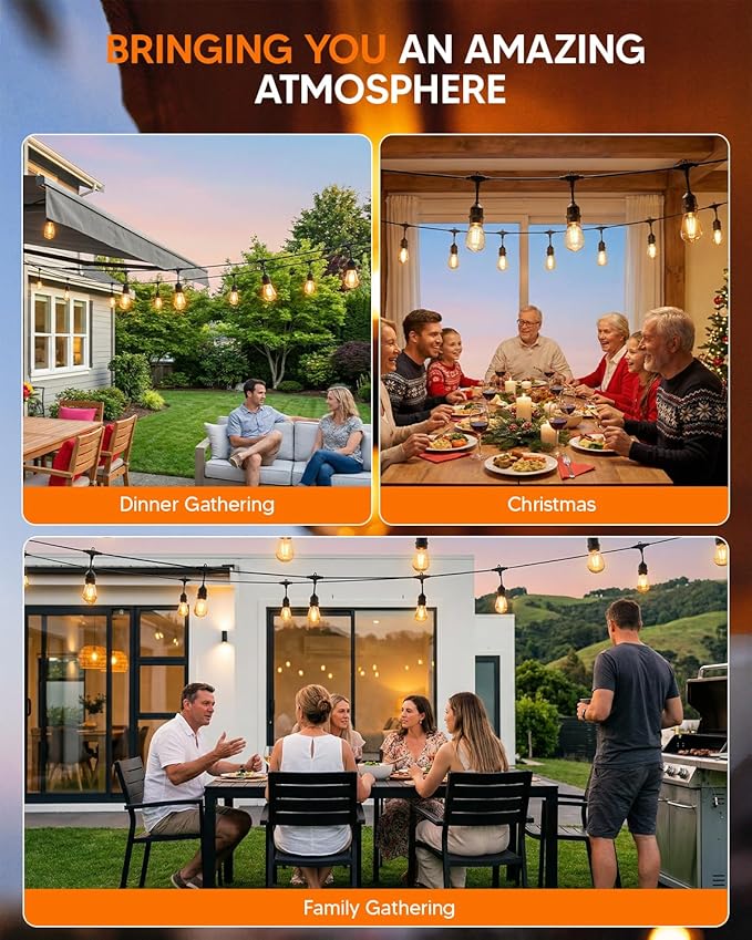 50FT S14 Outdoor String Lights, 32+2 Shatterproof Bulbs 2W, 1.5FT Spacing IP65 Waterproof| Dimmable with Remote, Heavy-Duty, Include Screw & Zip Ties for Patio Backyard Holiday Outside