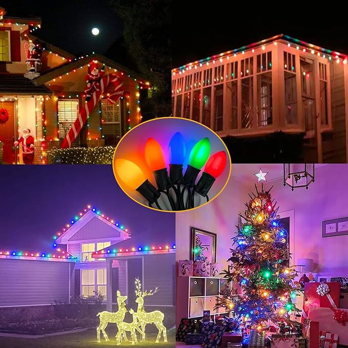 Christmas Lights Outdoor C9 25Ft Vintage Christmas Lights with 25 LED Shatterproof Colored Light Bulbs, Plug in Xmas Tree Light Connectable for Patio Roofline Garden Porch Balcony Party Xmas Decor