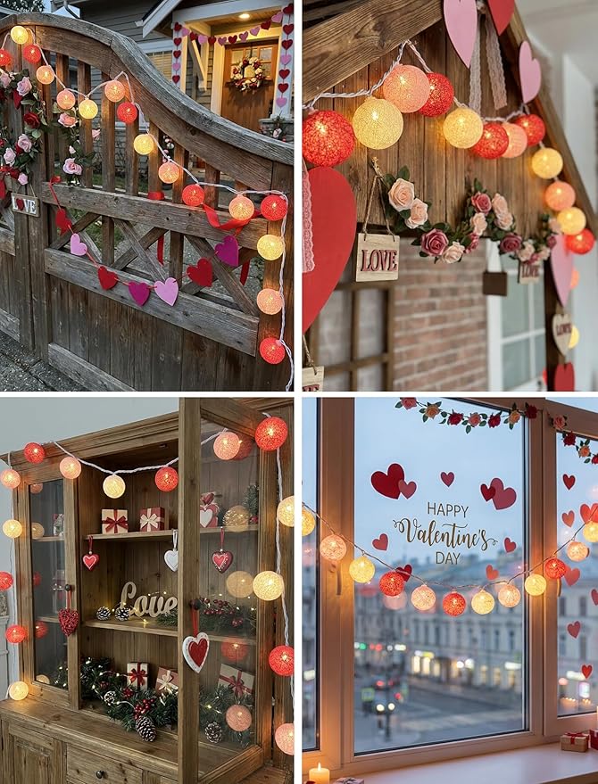 Red Pink and White Cotton Ball String Lights, 8.5Ft Valentine’s Day Decorative Fairy Lights Plug in with 10 Colorful Lantern, Hanging Cotton Globe Lights for Bedroom Wedding Party Home Birthday Decor