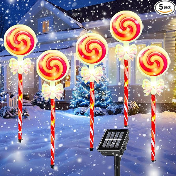 Solar Christmas Candy Cane Path Lollipop Lights-Outdoor Solar Powered 1 Panel with 5 LED Lights Pathway Landscape | Lumora