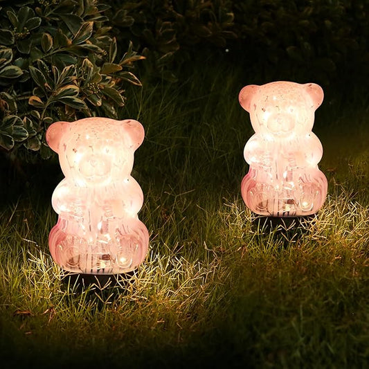 Solar Lights Outdoor, Cracked Glass Bear Lights for Garden, Outside, Decorative LED Decorations for Patio and Yard Lawn Backyard Decor, Waterproof, Pink