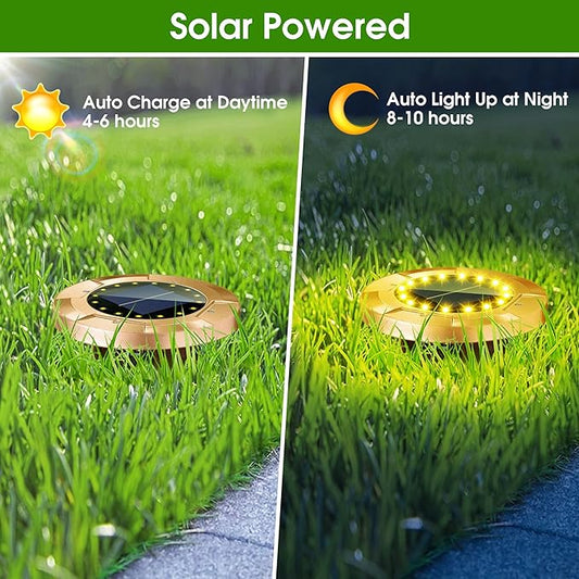 Biling Solar Ground Lights Outdoor with16 LEDs, Bright Waterproof Solar Lights Outdoor with Brass Finish, Flat Landscape Lighting for Yard Garden Pathway Driveway Deck (Warm 8 Pack)
