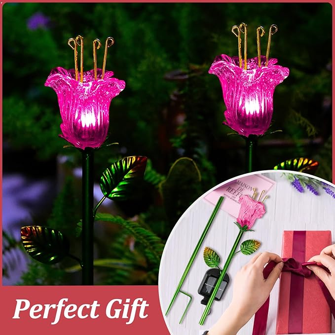 Outdoor Decorative Flowers 2 Pack, Waterproof Pink Glass Lily Flower Lights, Auto ON/Off Solar Decorative Lights for Garden, Patio, Backyard