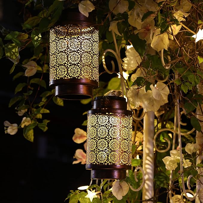 2 Pack Solar Lanterns, Outdoor Waterproof Hanging Led Lanterns, Metal Decorative Garden Lights, Solar Outdoor Lights Decor for Table Patio Yard Pathway, Bronze