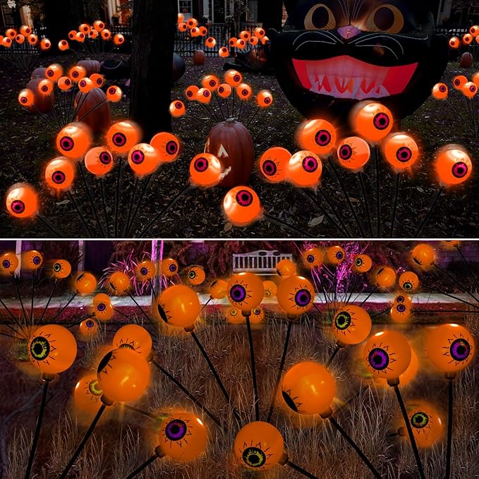 4 Pack Halloween Decorations Outdoor Path Lights - 32LED Solar Eyeball Pathway Light Swaying by Wind, Waterproof Solar Halloween Stake Lights for Garden Yard Porch Patio Pathway (Orange)