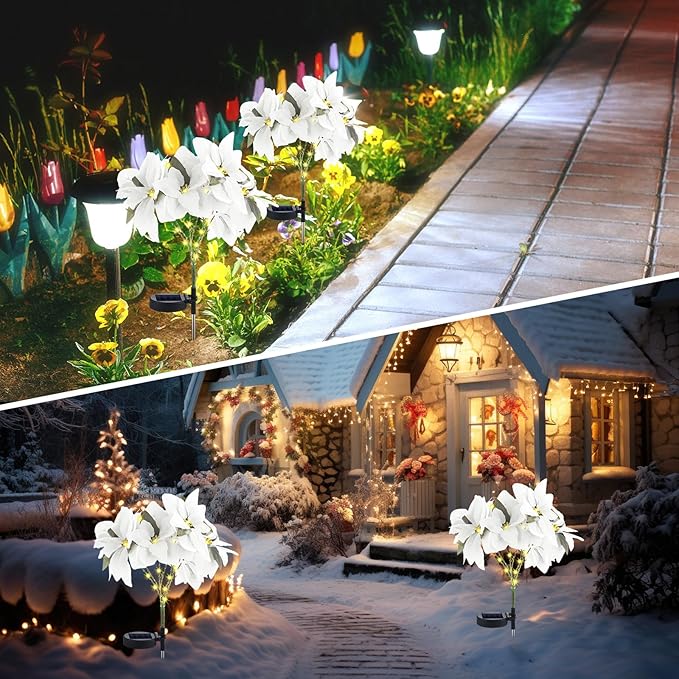 VIHOSE 4 Pcs Christmas Solar Poinsettia Lights Outdoor Artificial Flowers Landscape Waterproof Solar Poinsettia Lights for Yard Lawn Patio Garden Pathway Xmas Party Supplies (7 Flowers,White)