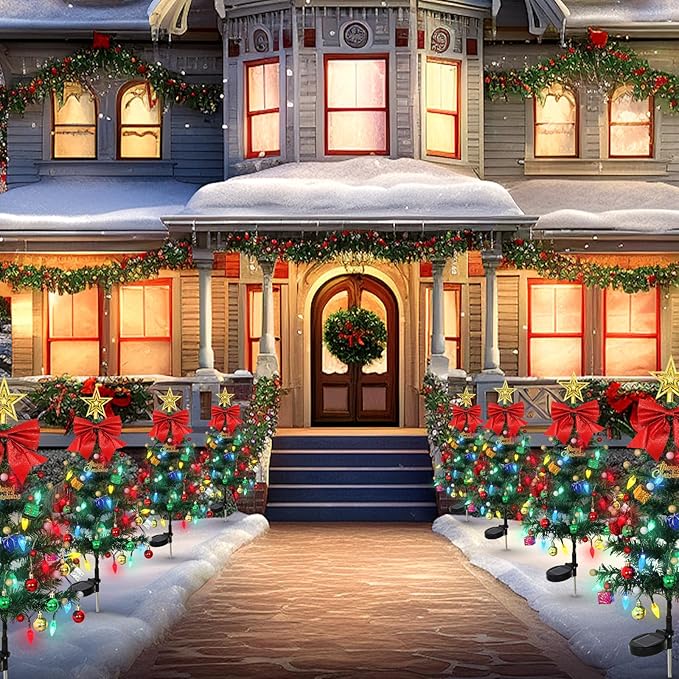 LOMOHOO 2 Packs Solar Christmas Tree 35.8in Outdoor Prelit Lighted Christmas Tree 2 Flashing Modes Solar Xmas Trees with 40 LED Lights for Holiday Porch Yard Garden Patio Cemetery Pathway