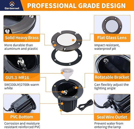 Gardenreet Brass Low Voltage Well Lights Kit(4 Pack) with MR16 Bulb & 100Feet Wire & Connectors, 12V AC/DC LED In Ground Landscape Lights for Outdoor Yard Garden Paver Tree Path(Open Top)