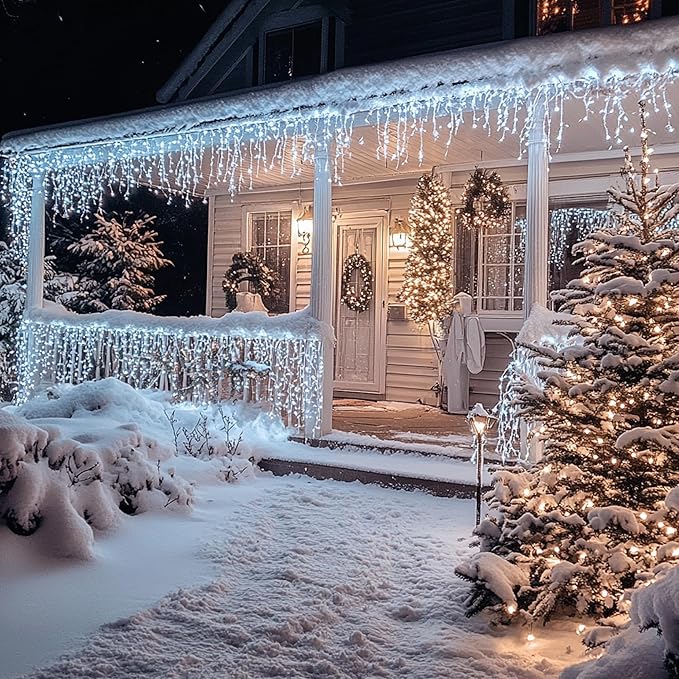 Dazzle Bright Christmas Icicle Lights, 88.5 FT 1080 LED 8 Modes Curtain Fairy Lights with 180 Drops, Xmas String Lights for Outdoor Holiday Wedding Party Decorations (White) (Pack of 2)