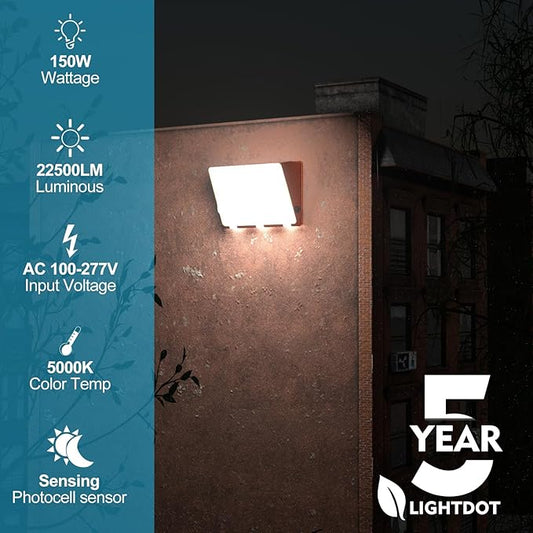 Lightdot 4Pack 150W LED Wall Pack Lights, 100-277v Dusk to Dawn Photocell | 22500Lm(150Lm/W) 5000K IP65 Outdoor Flood Lighting for Yard,Warehouse,Factory,Building,Garage, ETL Orange(Height:10~20ft)