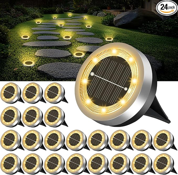 Mini Solar Ground Lights Outdoor 24 Pack Waterproof Upgraded Anti-Rust Solar Flat Garden Lights Stainless Steel | Lumora