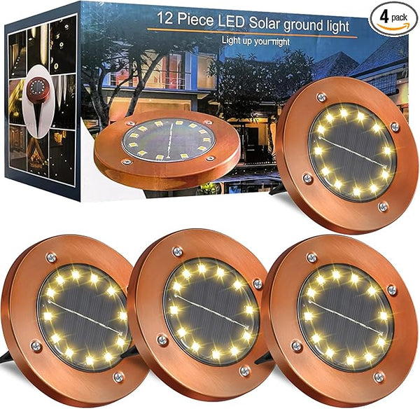 Solar Ground Lights Outdoor Waterproof Flat Garden Solar Disk Lights Outdoor Floor Lights 12 LED 4 Pack for Garden | Lumora