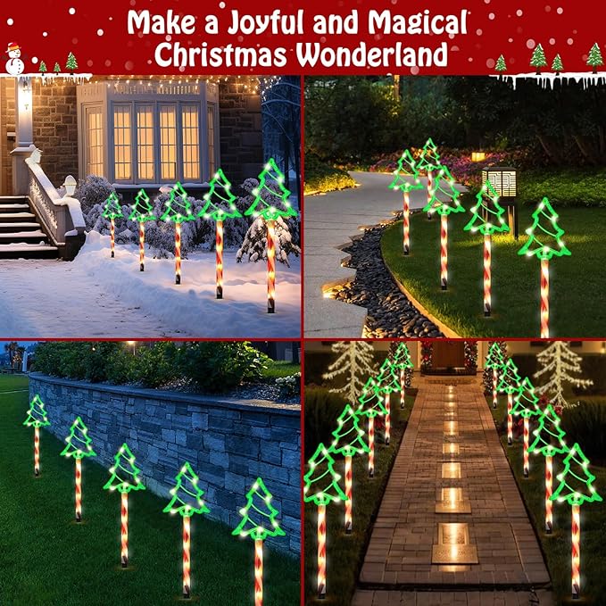 Lewondr Solar Christmas Pathway Lights, 5 PCS Solar Christmas Decorations Outdoor with 2 Lighting Modes, Green Xmas Tree Lights with Red Pole and Garden Stake, Waterproof Yard Lawn Patio Holiday Decor