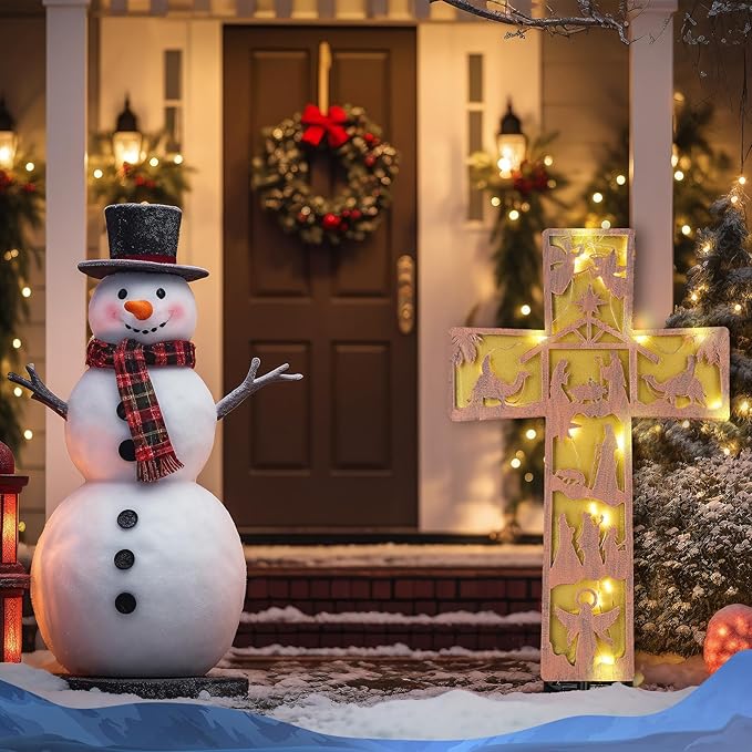 Tuanse 11 Inches Christmas Nativity Scene Outdoor Bronze Cross Decorations Metal Solar Lighted Cross Nativity Scene Garden Stake Retro Solar Outdoor Religious Sign for Christmas Outside Patio