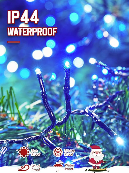 Minetom 50 Ft 1000 LED Cluster Christmas Tree Lights Outdoor Firecrackers String, 12 Modes Timer Remote Waterproof Plug-in Twinkle for Xmas Tree Party, Blue & Cool White