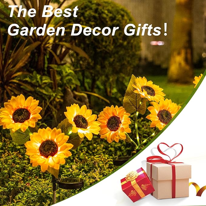 Solar Powered Sunflowers for Outside, Auto ON/Off Solar Garden Lights Outdoor Waterproof, 3 Packs Walkway Solar Lights with 9 Sunflowers for Garden, Yard and Lawn Ornaments