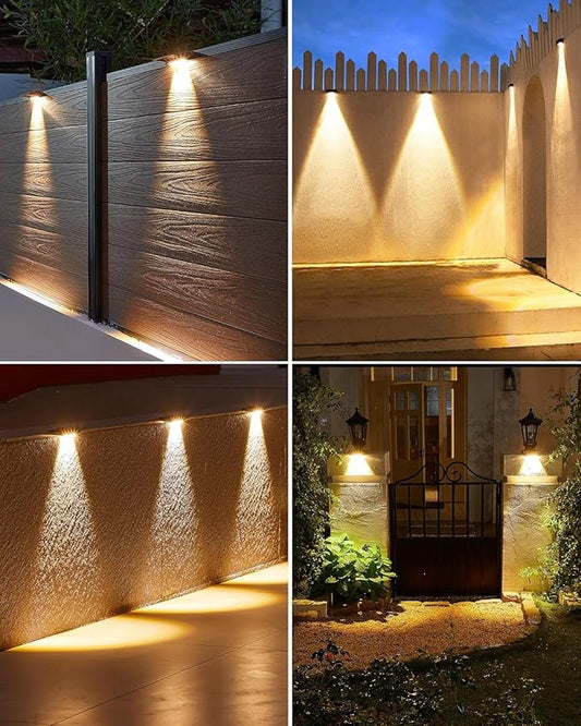 Solar Fence Lights Outdoor Waterproof LED,4LEDs Focus Lens Solar Wall Lights,Auto ON Off Warm White Outdoor Lights for Patio,Deck,Fence, Step,and Railing,Backyard Decor(12 Pack)