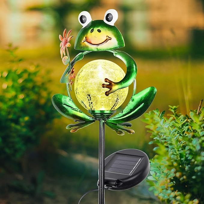 Litake Solar Garden Lights Frog Garden Outdoor Decorations Solar Lights Waterproof Crackle Glass Globe Metal Garden Stake Lights Warm White for Patio, Path, Yard, Lawn