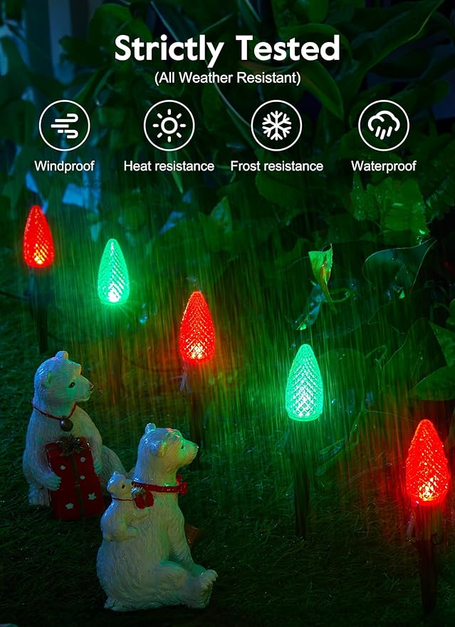 Brightown C9 Christmas Lights Outdoor, 25.7 Ft Strawberry C9 Pathway Lights with 20 LED Bulbs and Stakes, Christmas Decorations Outside Walkway Sidewalk Holiday, Red and Green