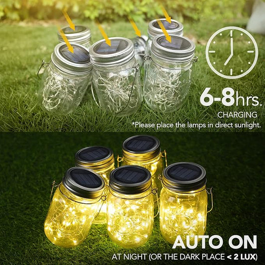 Bundle--2 Items:Mason Jar Solar Lights -30 LED, 6 Pack Hanging Solar Lanterns Bundle with 12 Pack E12 LED Edison Bulbs,4W Equal 40W e12 Candelabra Bulbs