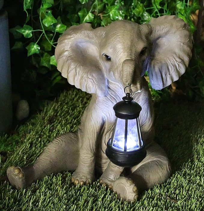 Ebros Safari Savanna Wildlife Animal Melee Adorable Pachy Elephant Statue Home Patio Decor Figurine with Solar LED Light Lantern Lamp 13.75" H Guest Greeter Elephants Path Lighter Sculpture