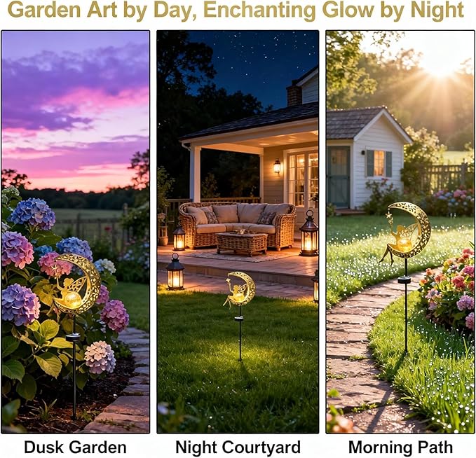 Solar Moon Stake Light, Fairy Garden Sculpture, Outdoor Waterproof Yard Art for Patio Lawn Decor, Mother's Day Spring Easter Gifts for Mom Grandma Women, Housewarming House Gift, Easy Install