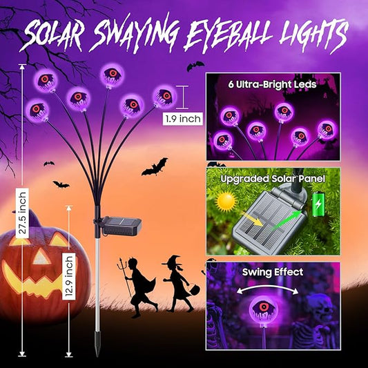 Halloween Decorations Outdoor Solar Eyeball Lights Purple: 6 Pack 36 Led Scary Halloween Lights Decoration, Waterproof Solar Yard Light Swaying Outside Decor for Pathway, Law, Party Gifts