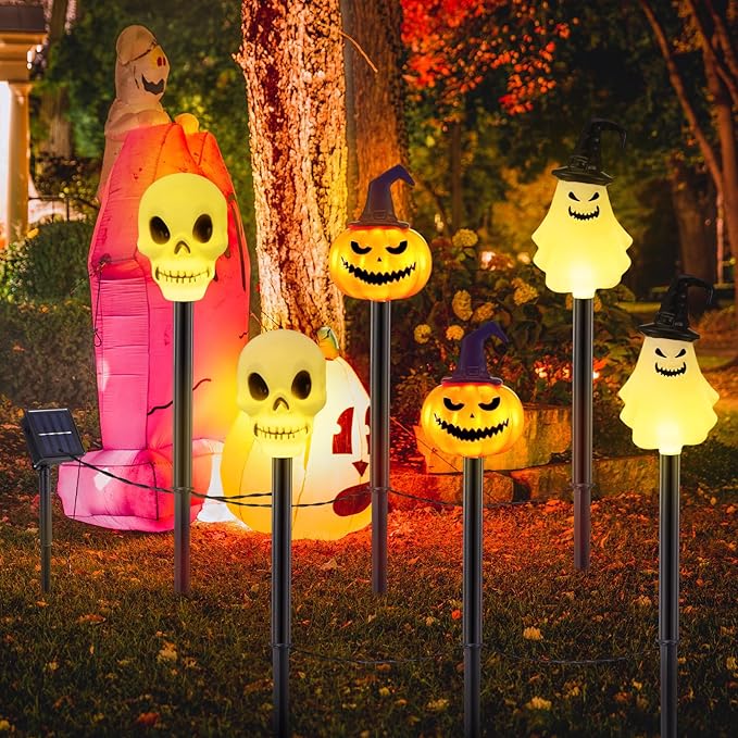 6 Pack Halloween Decorations Outdoor Solar Stake Lights Halloween Lights Waterproof for Garden Patio Yard Pathway Grave Lawn Porch Party Decor(White Skull)